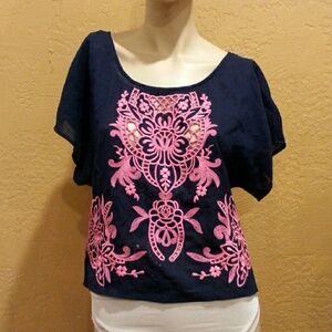 LOVE ON A HANGER Navy Neon Pink Embroidered Dolman Sleeve Cotton Top Blouse NWOT
